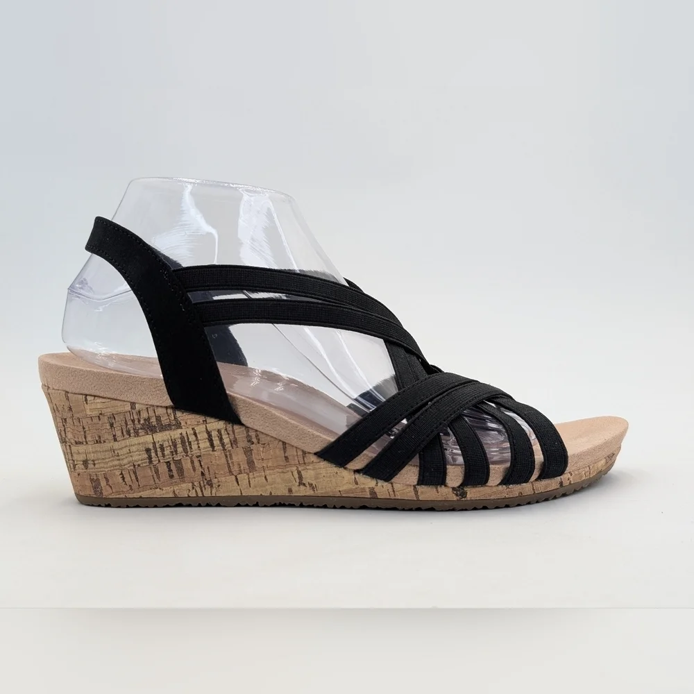 Life Stride Mallory Sz 9M Women's Black Elastic Straps Cork Texture Wedge Sandal